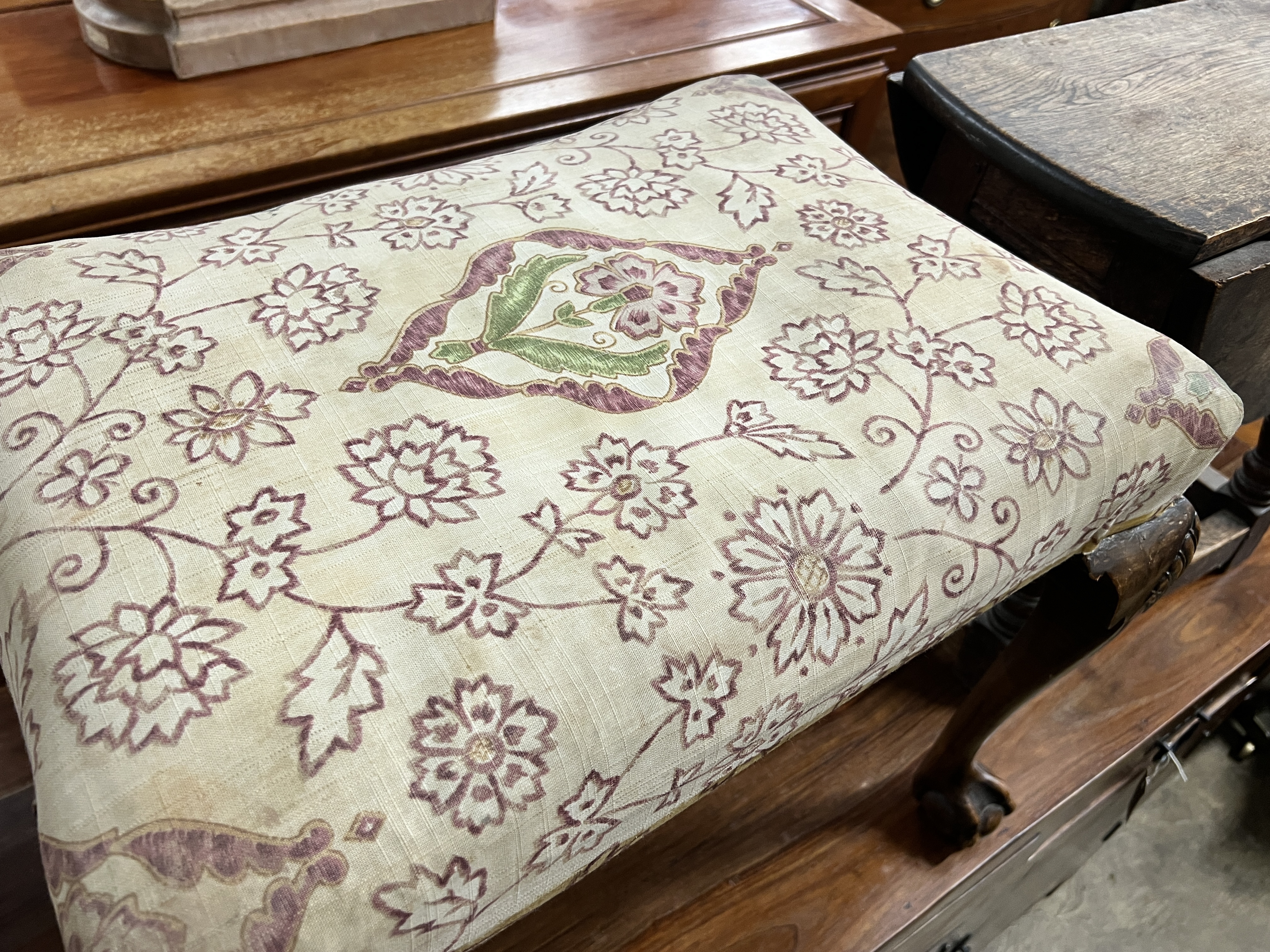 A George III style beech dressing stool, width 57cm together with an oak drop flap occasional table